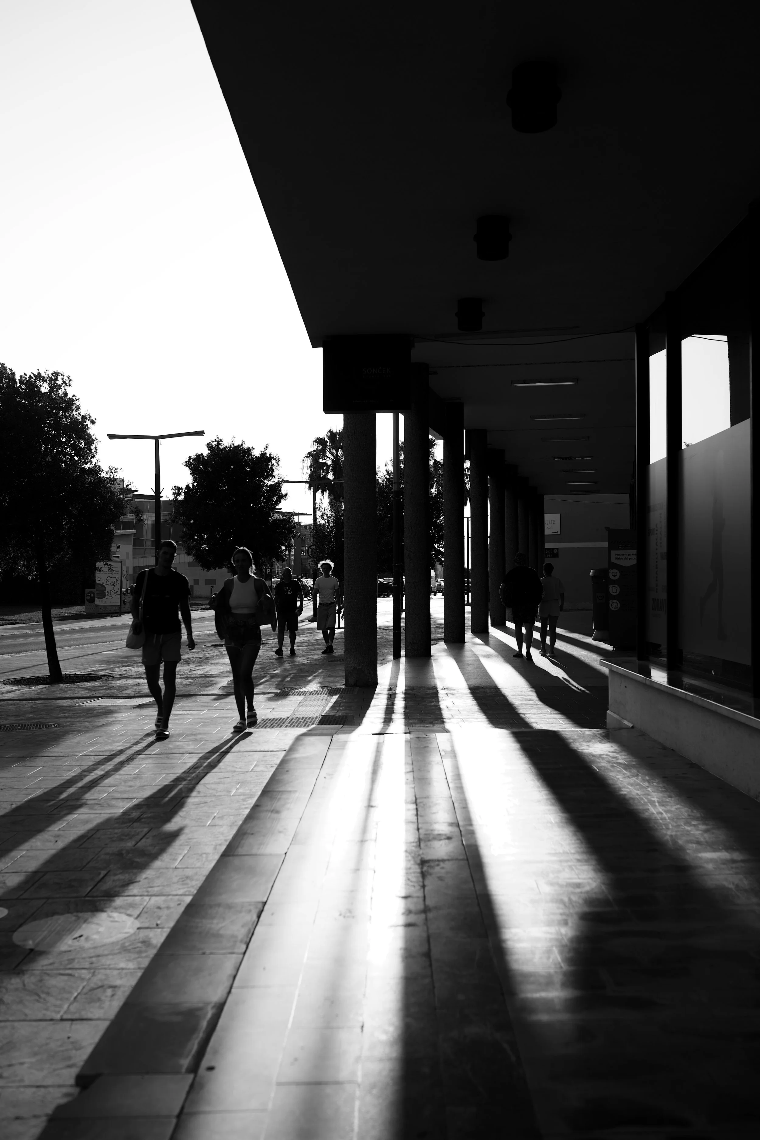 A black and white photo shows a sidewalk and an overhang with sunshine casting shadows of pedestrians walking underneath. Trees and some buildings are visible in the background.