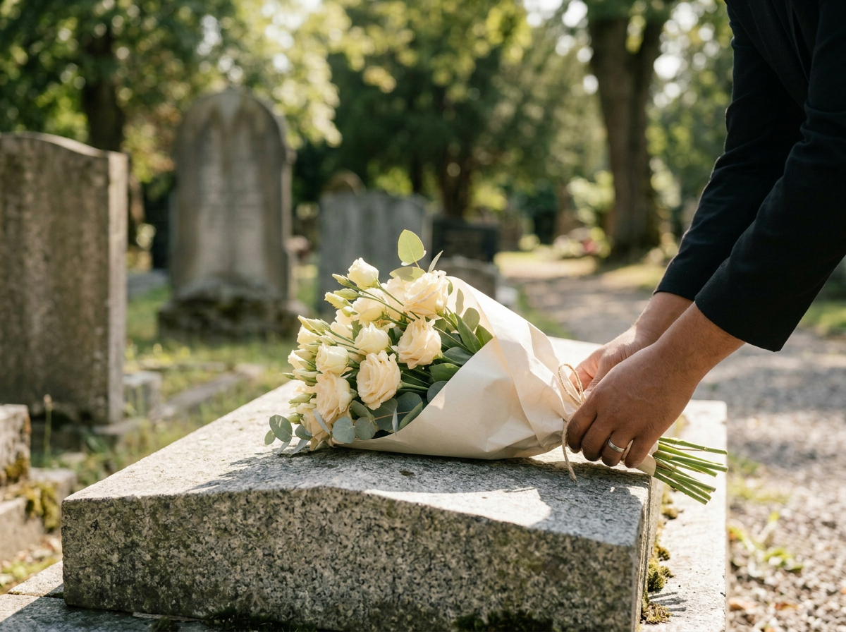 Person placing a bouquet of white roses on a gravestone in a cemetery.