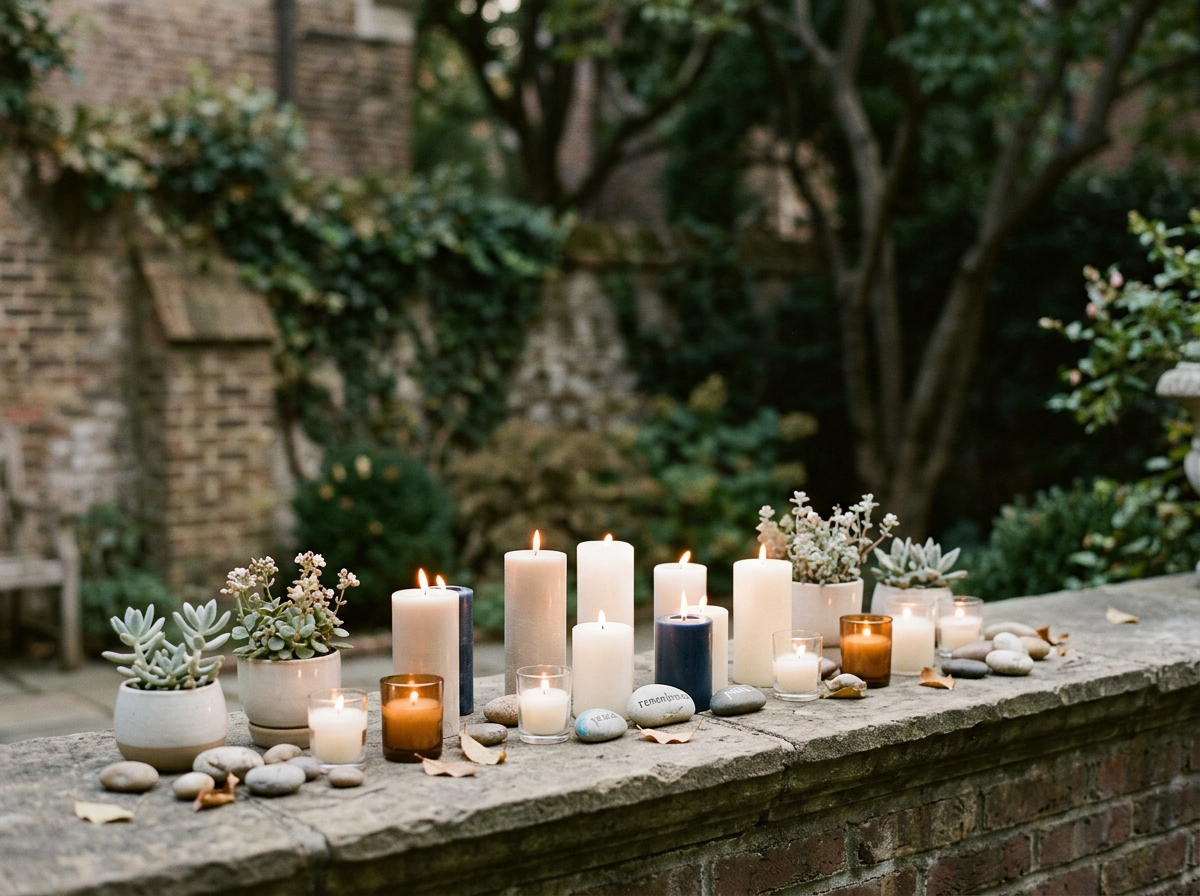 Candles and potted succulents on a stone ledge in a garden at dusk