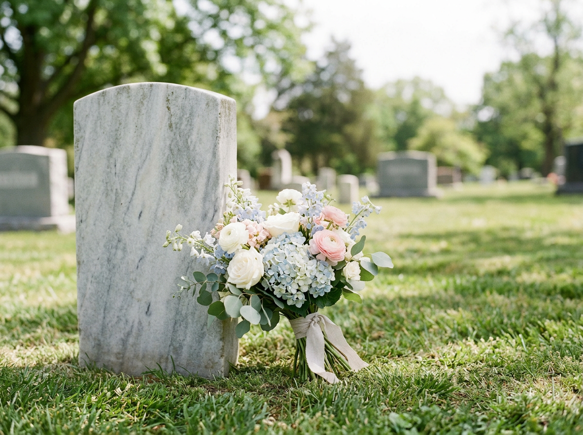 A white marble grave marker with a bouquet of white, pink, and light blue flowers, including roses and hydrangeas, resting at its base, in a green graveyard with trees and other headstones in the background.