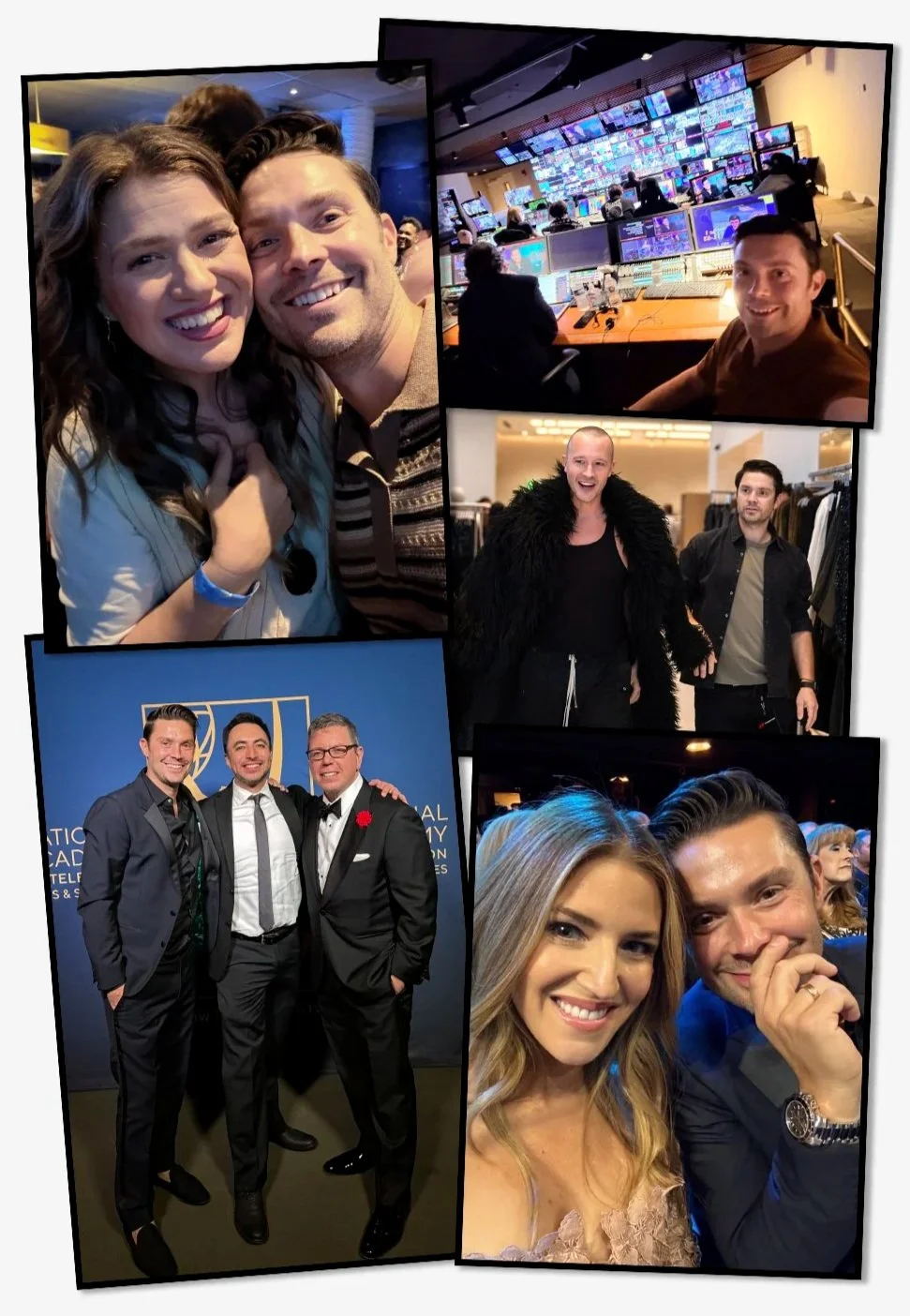 Collage of five photos showing people including Kelly Clarkson at different events, including a couple taking a selfie, a NBC TV control room, a person in a furry jacket shopping, three men dressed formally at an event at the Emmy Awards.