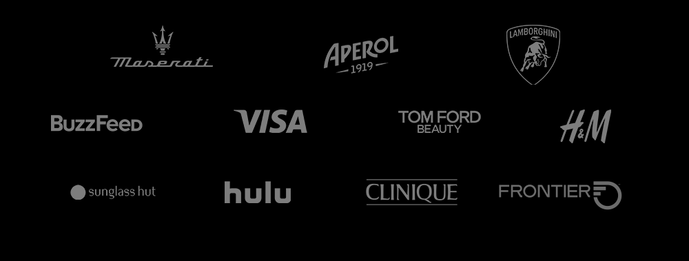 Collection of various brand logos including Maserati, Aperol, Lamborghini, BuzzFeed, Visa, Tom Ford Beauty, H&M, Sunglass Hut, Hulu, Clinique, and Frontier.