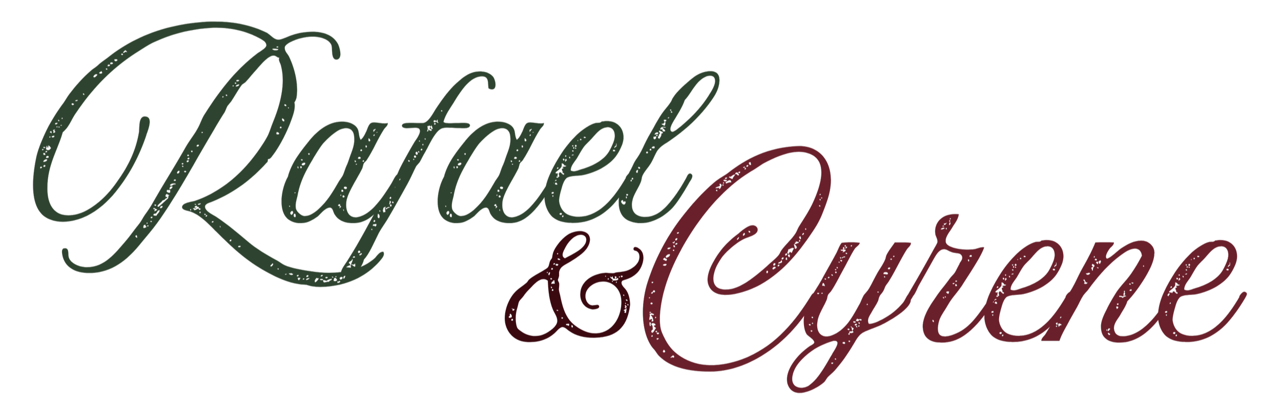 Decorative image with the words "Rafael & Cyrene" in cursive, vintage-style font, green and burgundy colors.