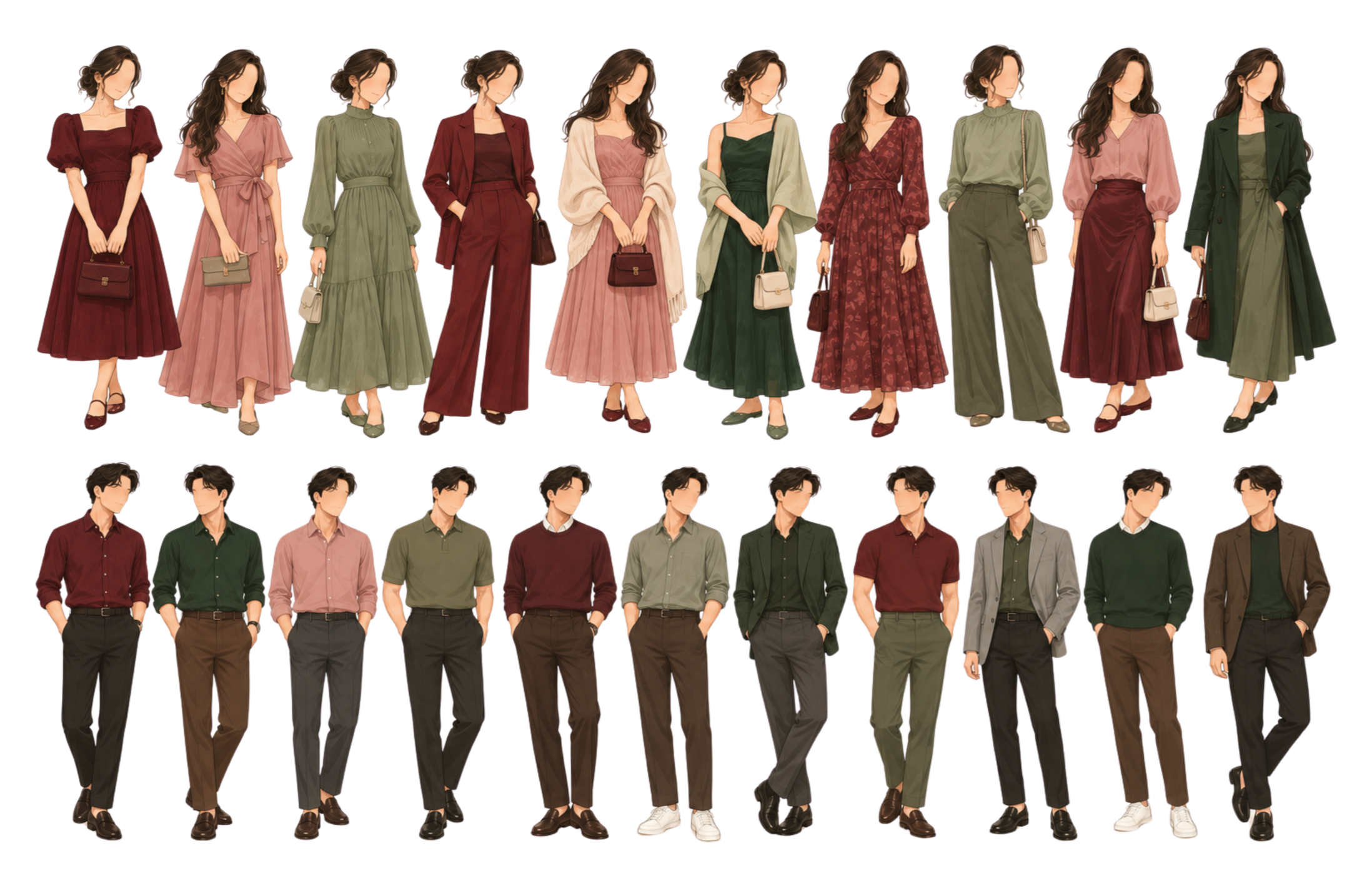 A group of women wearing colorful dresses and heels standing in a row, and a group of men wearing shirts and pants standing in a row, all facing forward.