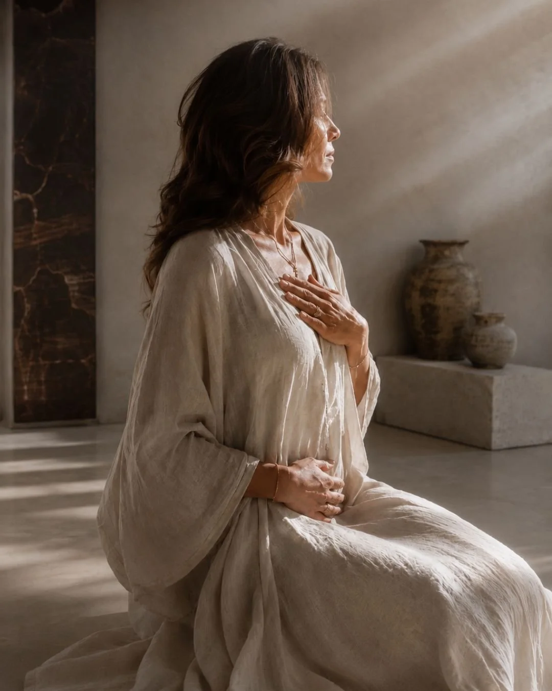 A woman in a beige dress is kneeling with her hand on her chest, looking contemplative after having a tantra massage in newcastle in a softly lit room with ancient pottery in the background.