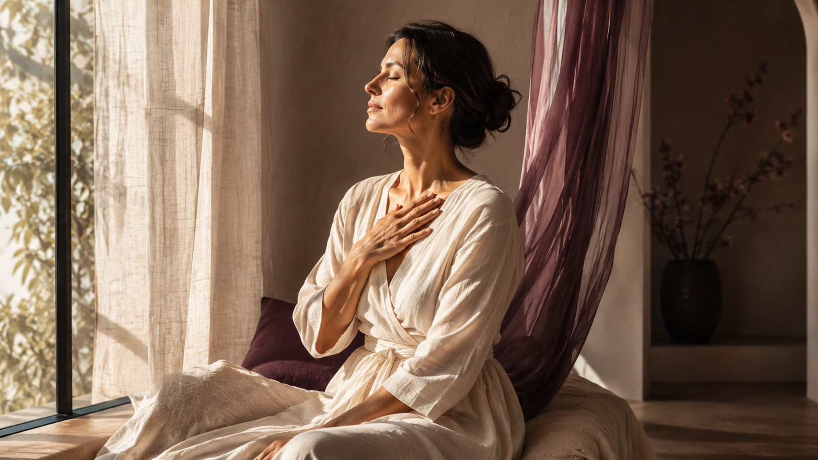A woman sitting on a bed with her eyes closed, hand on her chest, enjoying sunlight through a window, in a softly lit room with beige and purple curtains and a black vase with flowers in the background.