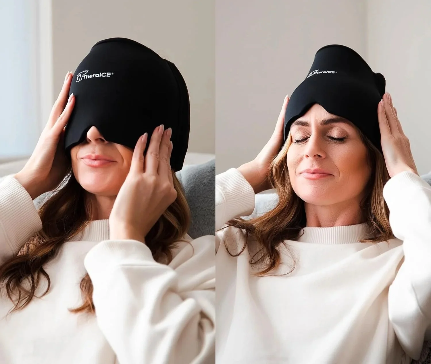 A woman relaxing on a couch, wearing a black thermal ice eye mask on her eyes, with her eyes closed and a content smile.
