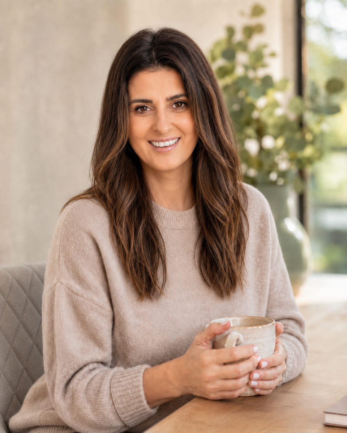 A woman with long brown hair and a beige sweater smiling while sitting at a table holding a ceramic mug. In the background, there is a potted plant near a window with greenery outside.