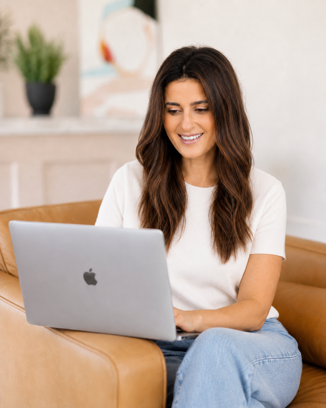 Marina, founder of Parenting With Migraine, working on migraine resources for moms from her laptop