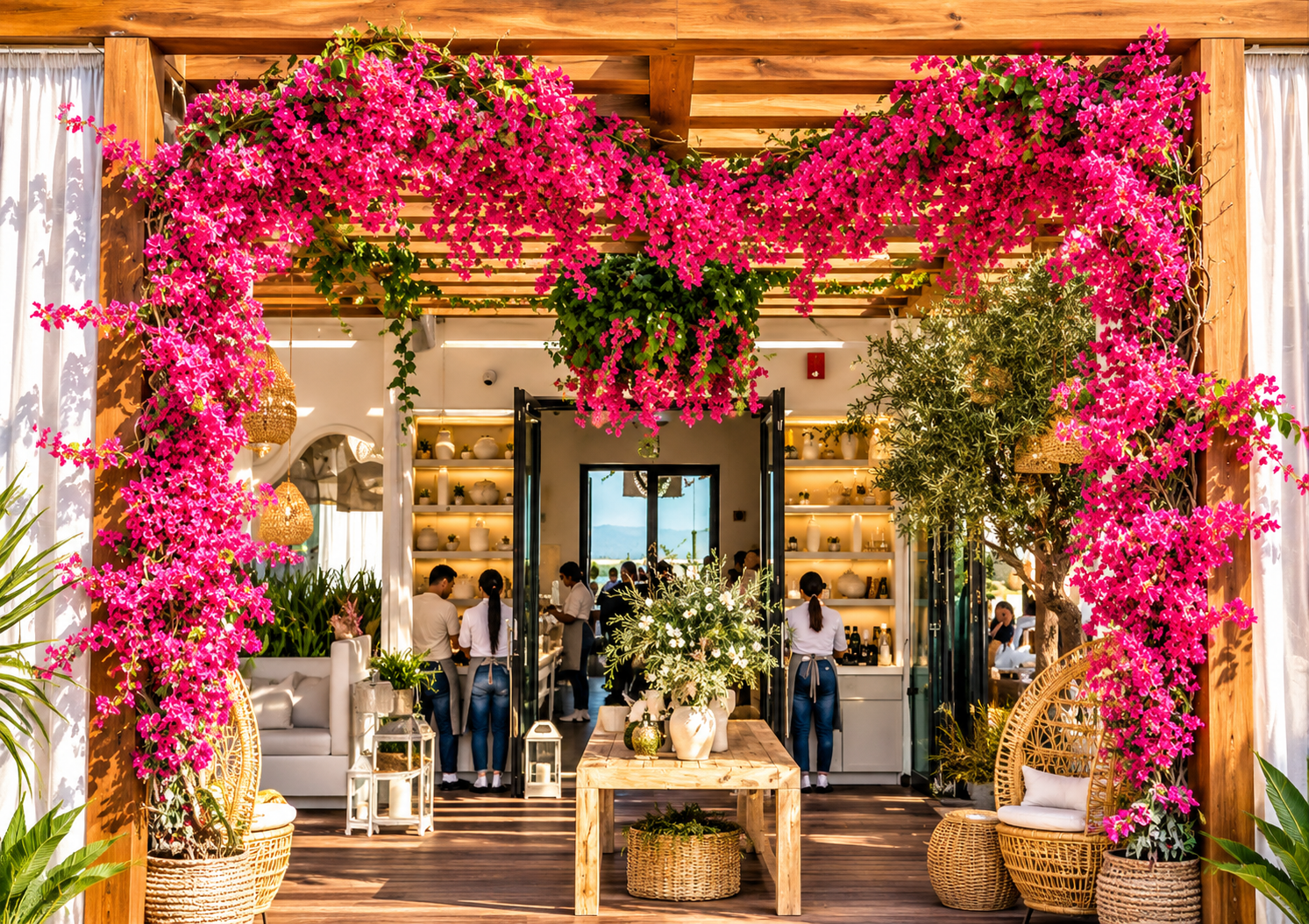 A decorated outdoor seating area leading into a restaurant, with vibrant pink bougainvillea flowers and greenery forming an arch. Inside, staff members are preparing food, and there is a table with a large floral arrangement at the center. The settin