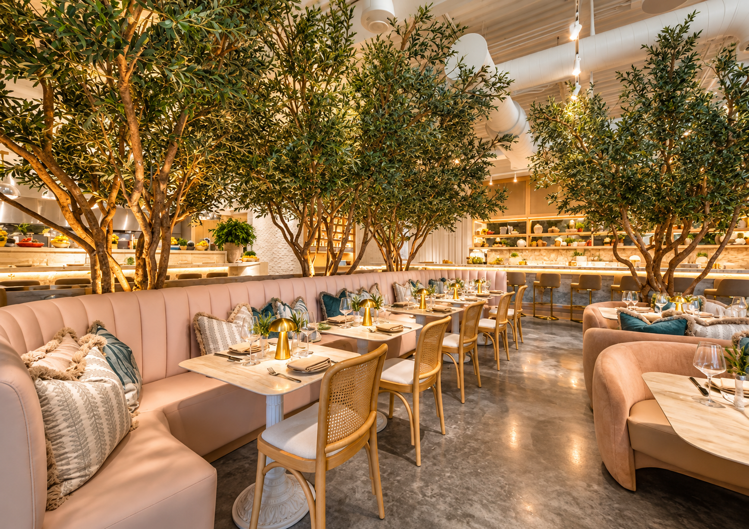 A stylish restaurant interior with pink and beige seating, wooden chairs, and green trees integrated into the decor. The tables are set with glasses, plates, and gold-colored lamps, creating an elegant atmosphere with modern and natural elements.