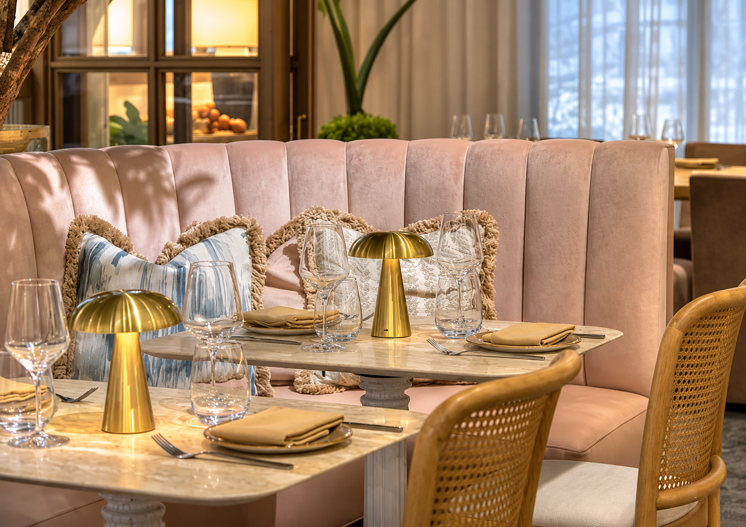 Elegant dining table set with gold lamps, glasses, napkins, and plates, with plush pink seating and decorative pillows in a well-lit restaurant.