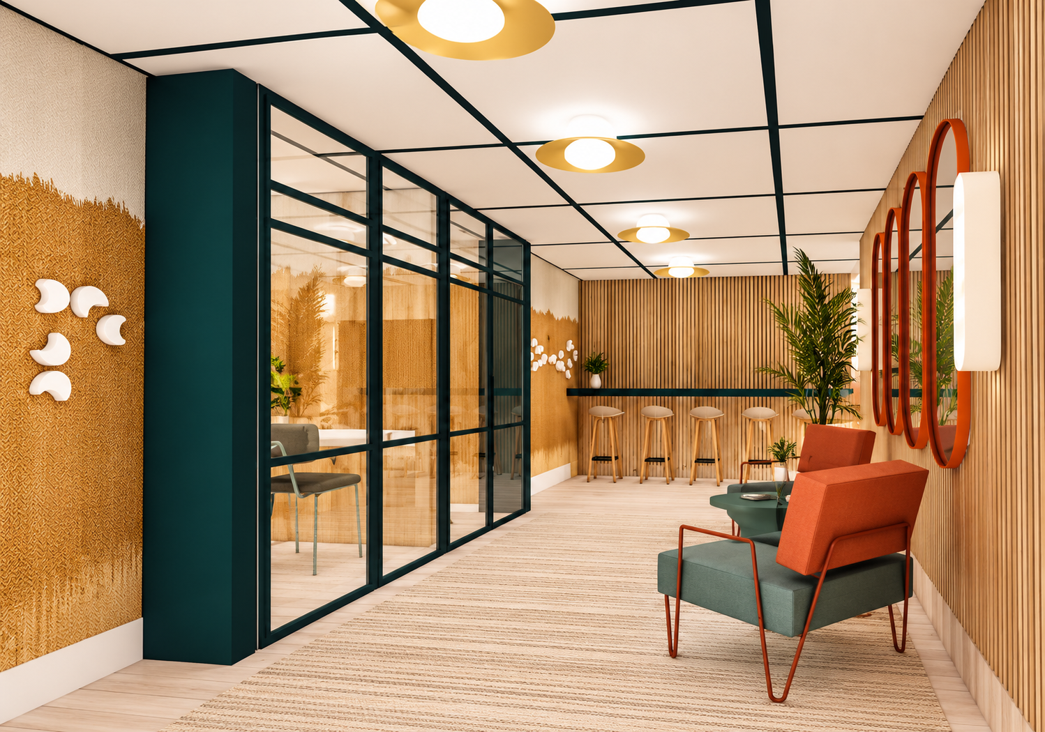 Modern lounge with striped beige carpet, armchairs, indoor plants, bar area with wooden stools, and decorative wall accents.