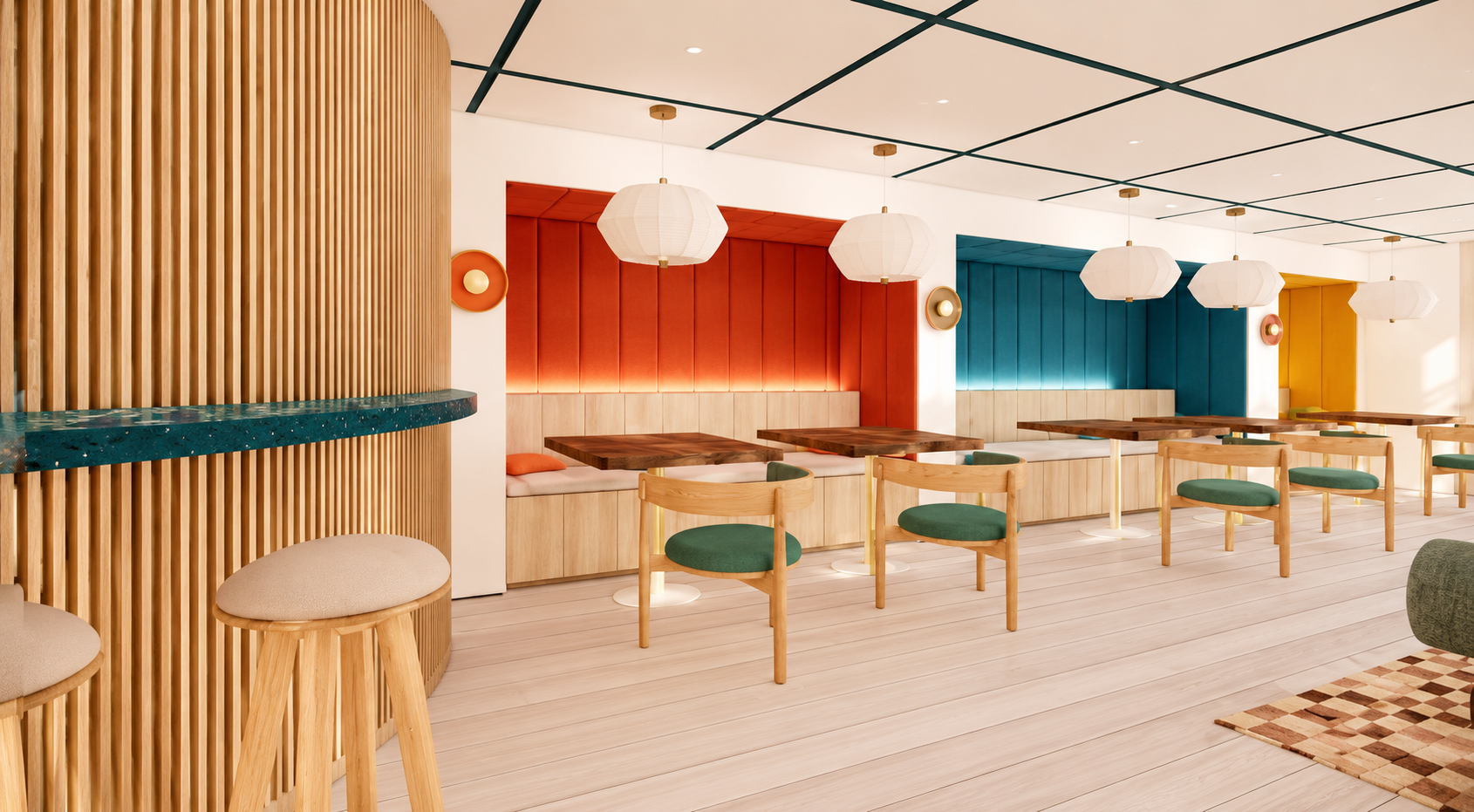 A brightly decorated restaurant interior with wooden seating, colorful upholstered wall panels in red, blue, and yellow, white hanging pendant lights, and a light wooden floor.