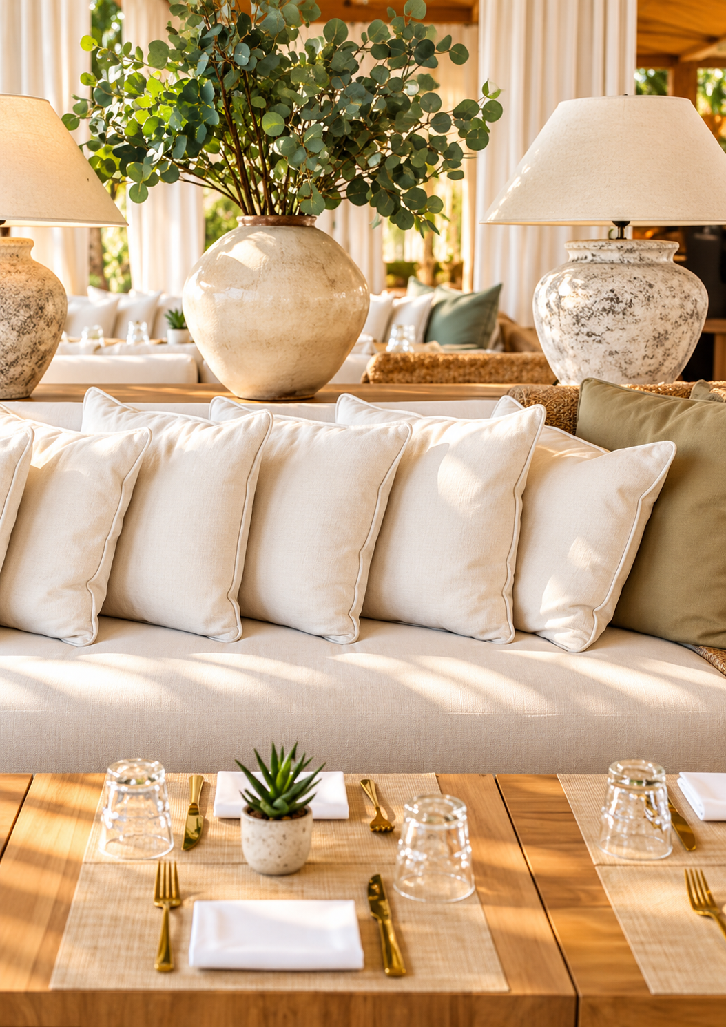 A living room with a cream-colored sofa, beige pillows, large decorative vases with greenery, two lamps, a dining table set with placemats, gold utensils, glasses, and a small potted plant in the center.