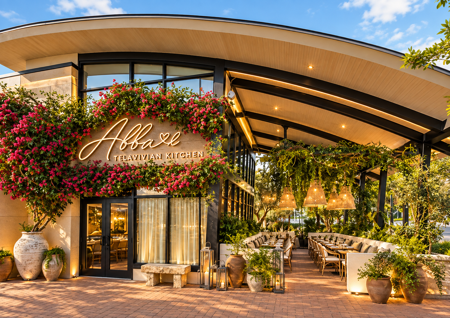 Exterior of Abbal Telavivian Kitchen restaurant with floral decorations, outdoor seating area, and warm lighting.