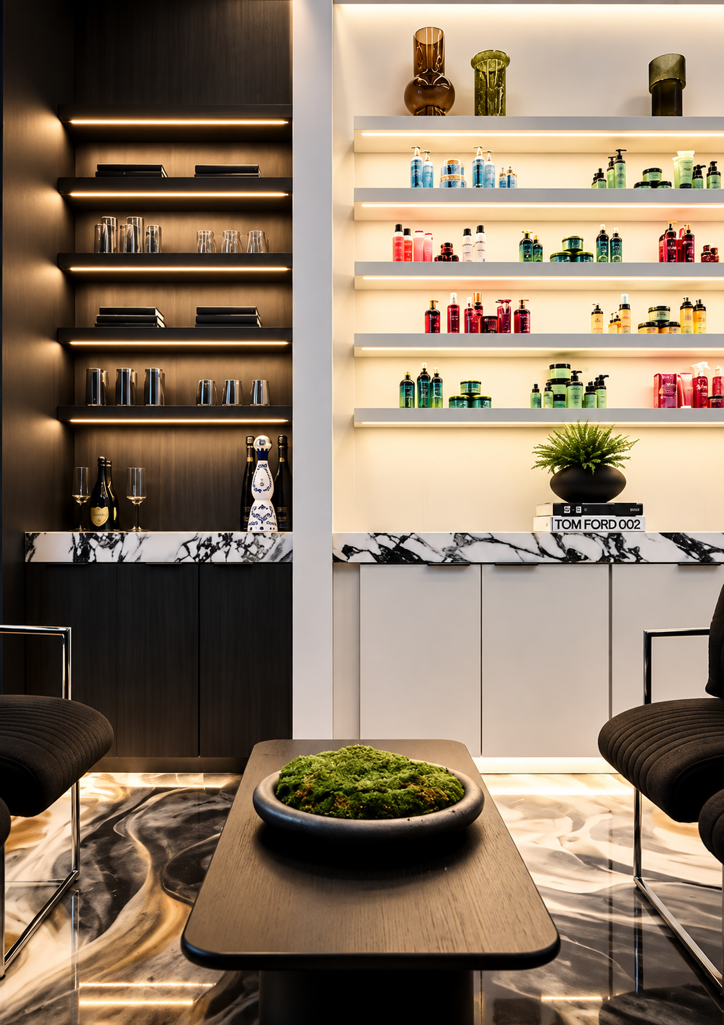 Modern interior with a marble table, black chairs, and a wall displaying colorful beauty or skincare products on white shelves. A potted plant and decorative vases are also visible.