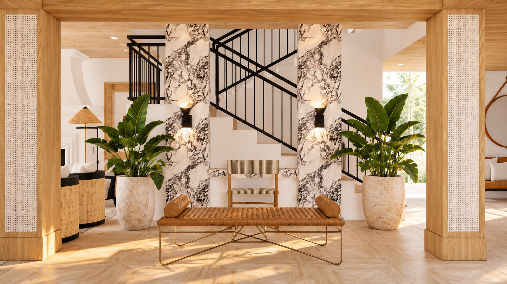 Modern interior entryway with two large potted green plants, marble accent walls, a bench with wooden frame, and a staircase with black railings in the background.