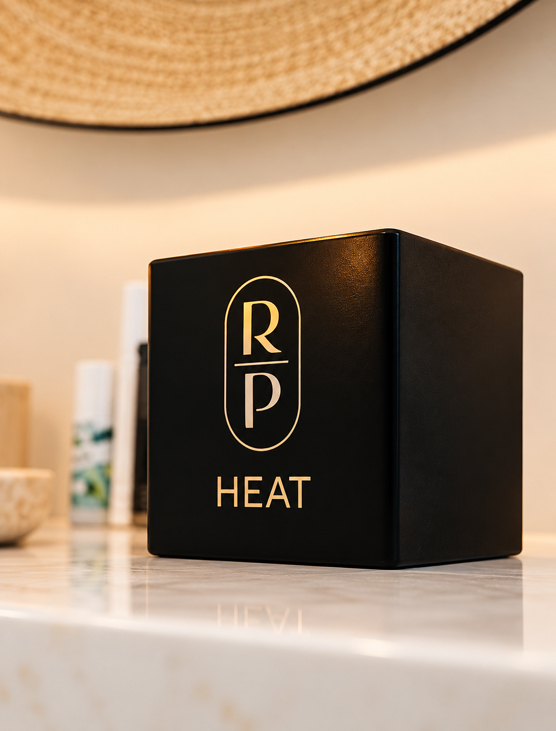 Black box with the words 'RP HEAT' on it, sitting on a white surface with bottles and bowls in the background.