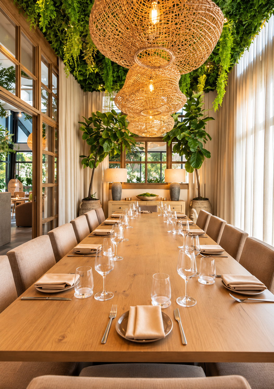 A modern dining room with a long wooden table set with wine glasses, water glasses, beige plates, and folded napkins, surrounded by beige upholstered chairs, with large potted plants, windows, and hanging wicker light fixtures.