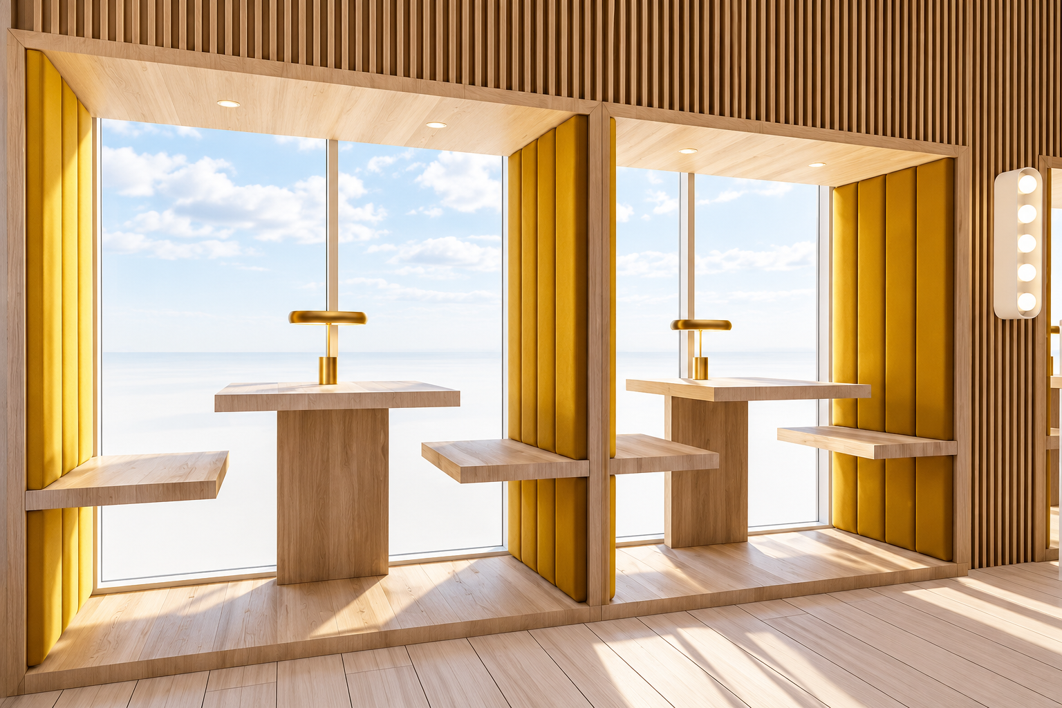 Interior of a modern room with large windows overlooking the ocean, featuring wooden and yellow cushioned wall panels, wooden tables with brass reading lamps, and wooden flooring.