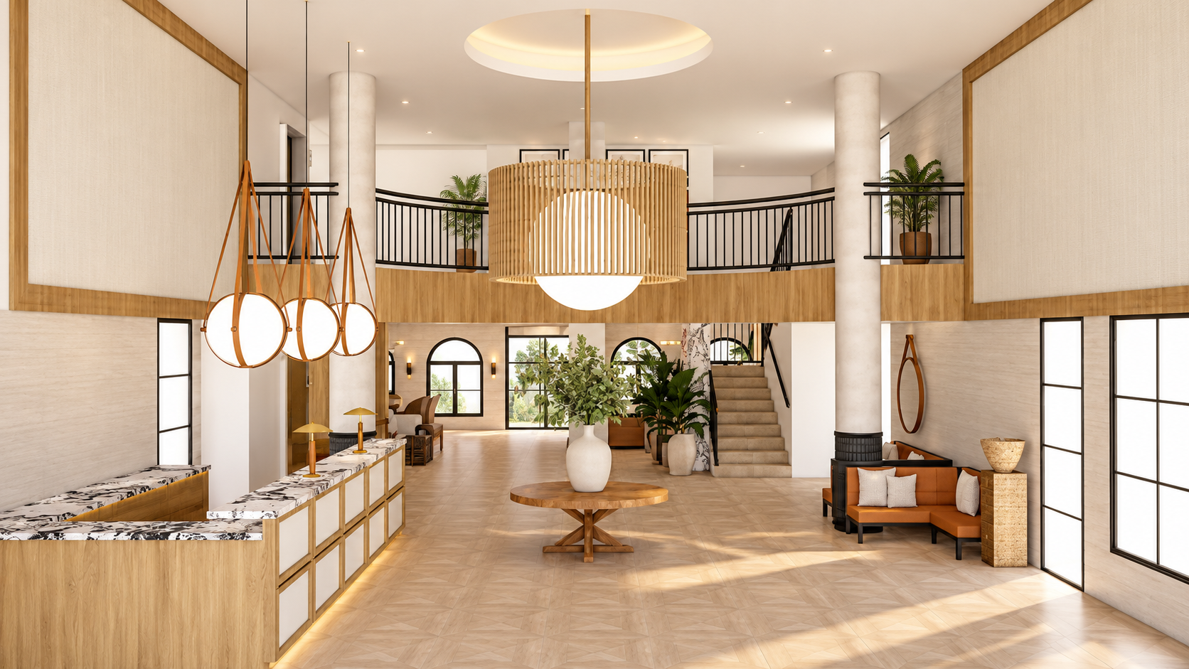 Spacious modern hotel lobby with wooden accents, large white vase with green plants, seating areas with orange and beige cushions, large wooden chandelier, black railings, and bright natural lighting.