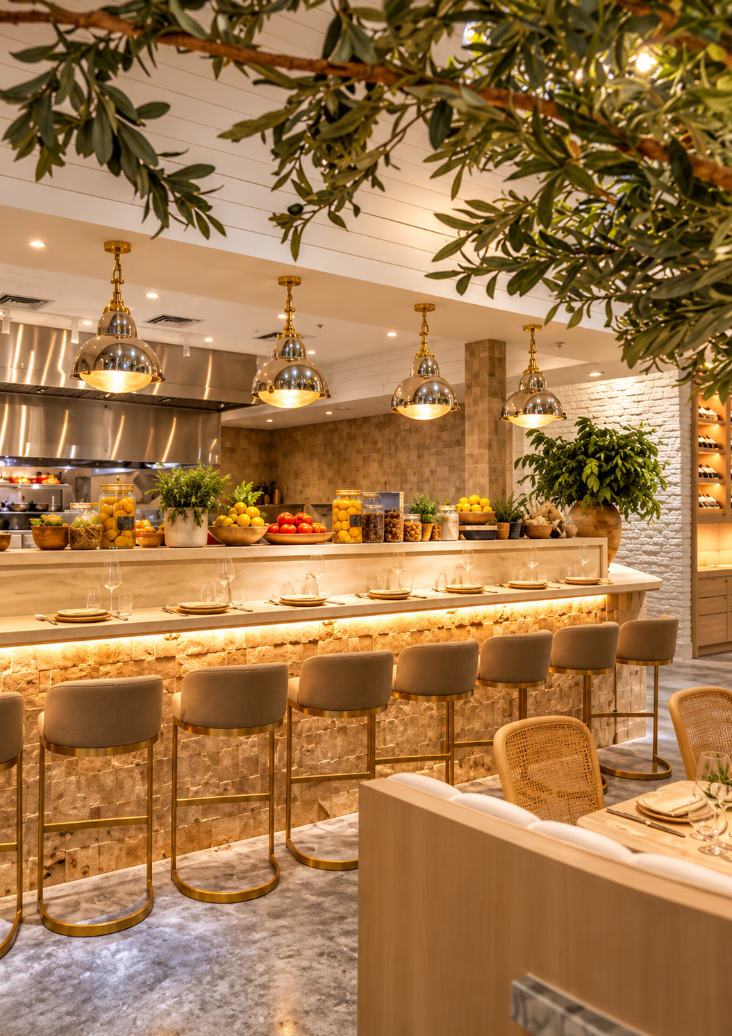 A modern restaurant interior with a marble-topped bar, beige bar stools with gold accents, and a variety of fresh fruits, nuts, and herbs displayed on the counter. The ceiling has metallic pendant lights, and there are green plants and a textured whi