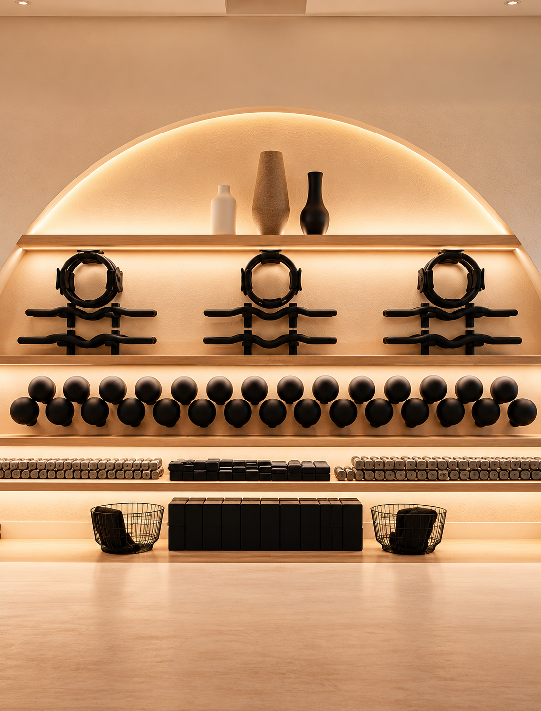 Minimalist display of black exercise weights, kettlebells, and fitness accessories on wooden shelves with warm backlighting.