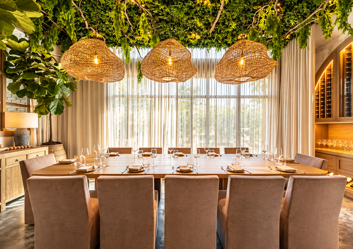 A dining room with a long wooden table set for dinner, surrounded by beige chairs, with large windows allowing natural light. Hanging woven pendant lights and a green leafy ceiling decoration add a cozy ambiance.