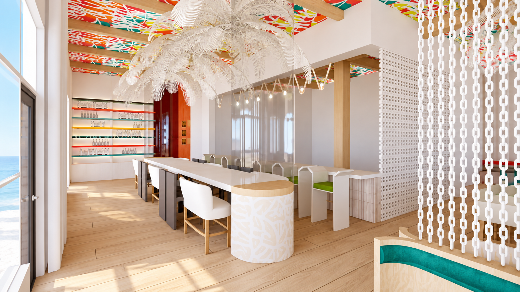Bright, modern restaurant interior with white walls, wooden flooring, and a colorful ceiling design. Features a long white dining table with chairs, a decorative white palm-like ceiling light, a bar with shelves of bottles, a sheer glass partition, a