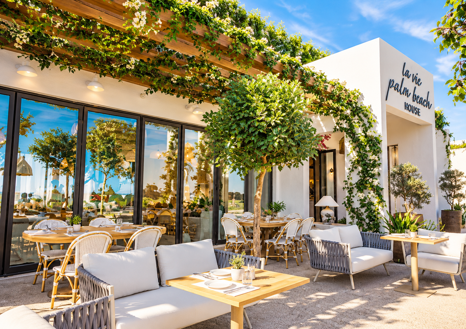 Outdoor patio seating area of La vie Palm Beach House with white cushioned sofas, wooden tables, a tree, and a white building with green vines and a sign.