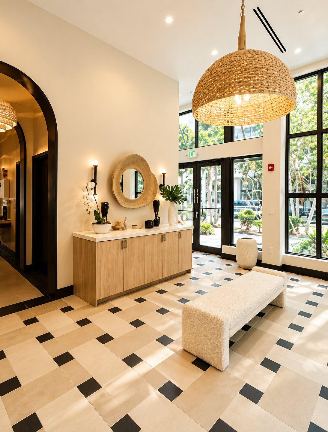 Modern lobby with beige and black checkered tile flooring, wooden sideboard with decorative vases and mirror, large woven pendant light, bench, and large windows with trees outside.