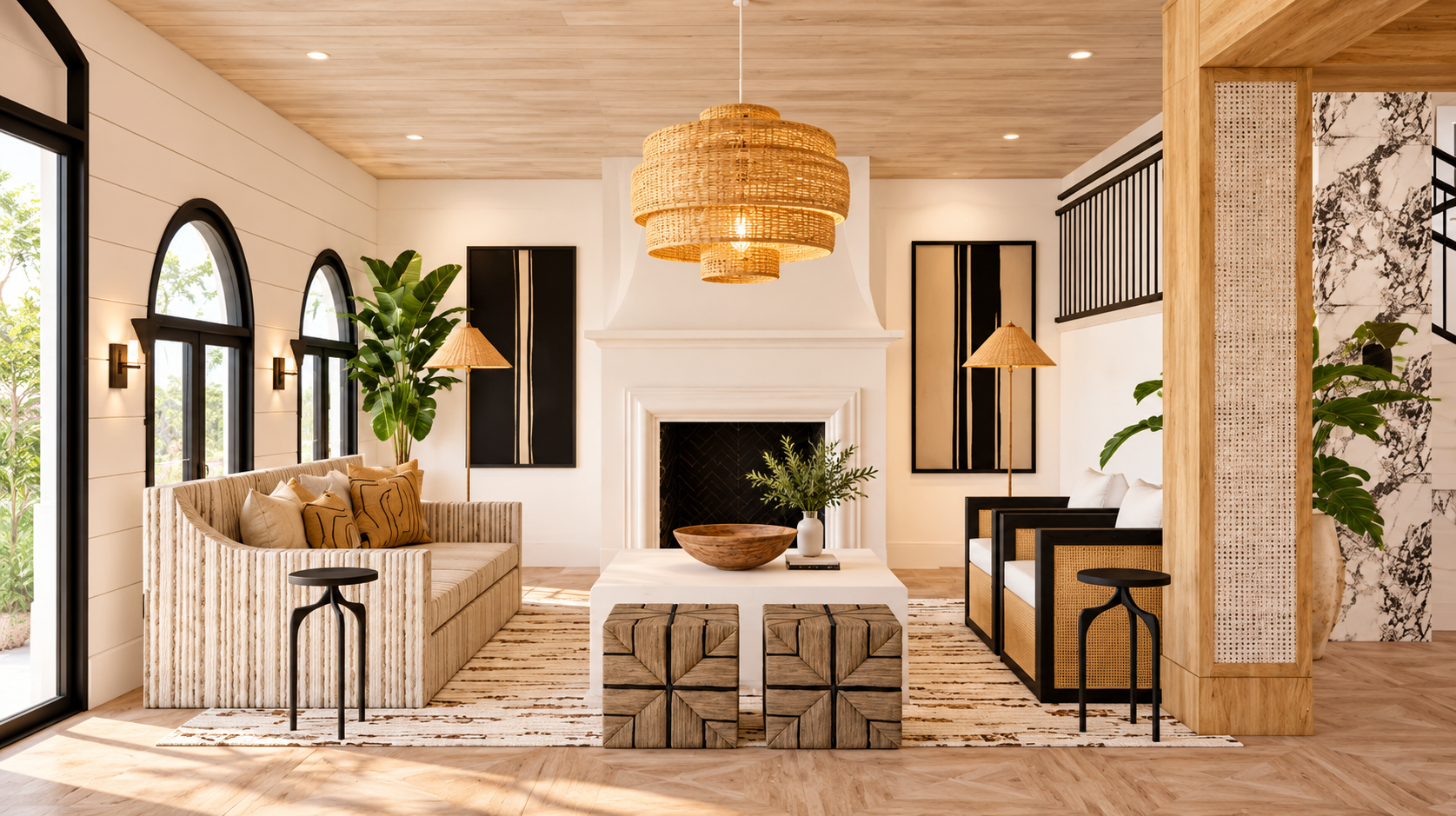 Living room with white walls, wooden ceiling, large windows, beige sofa with pillows, black and beige artwork, fireplace, wooden side tables, large green plants, and modern décor.