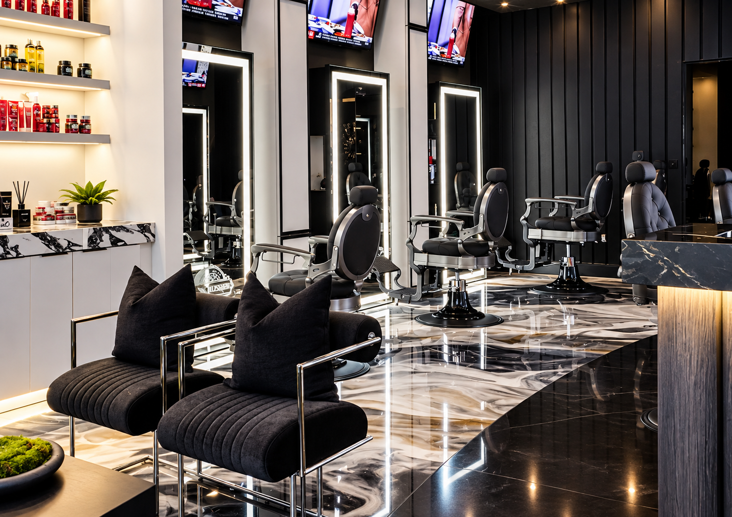 Modern men's grooming salon with styling chairs, mirrors, and a sitting area on a marble floor.