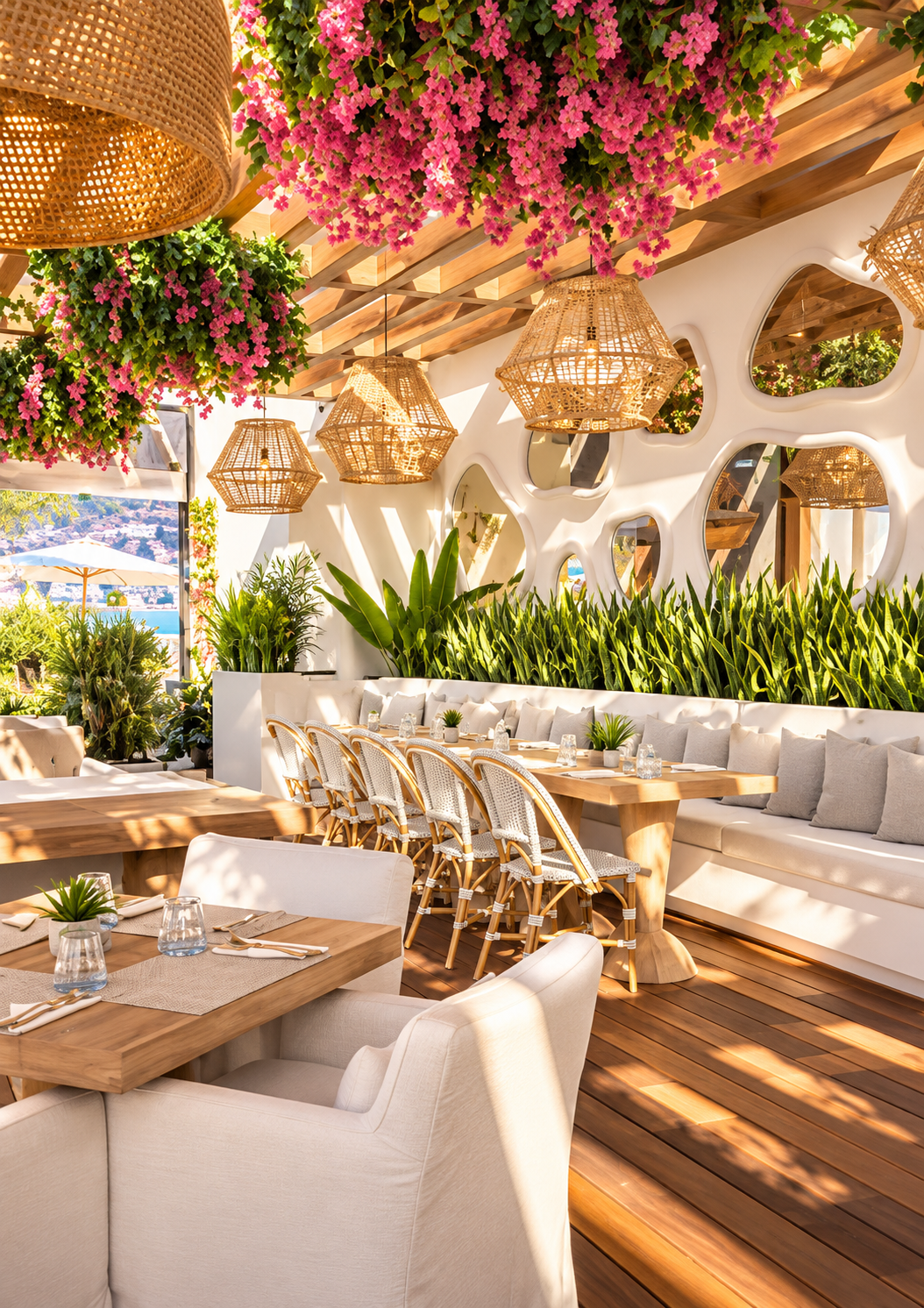 Sunlit outdoor restaurant patio with hanging pink flowers, wicker pendant lights, green plants, wooden furniture, and white cushioned seating.