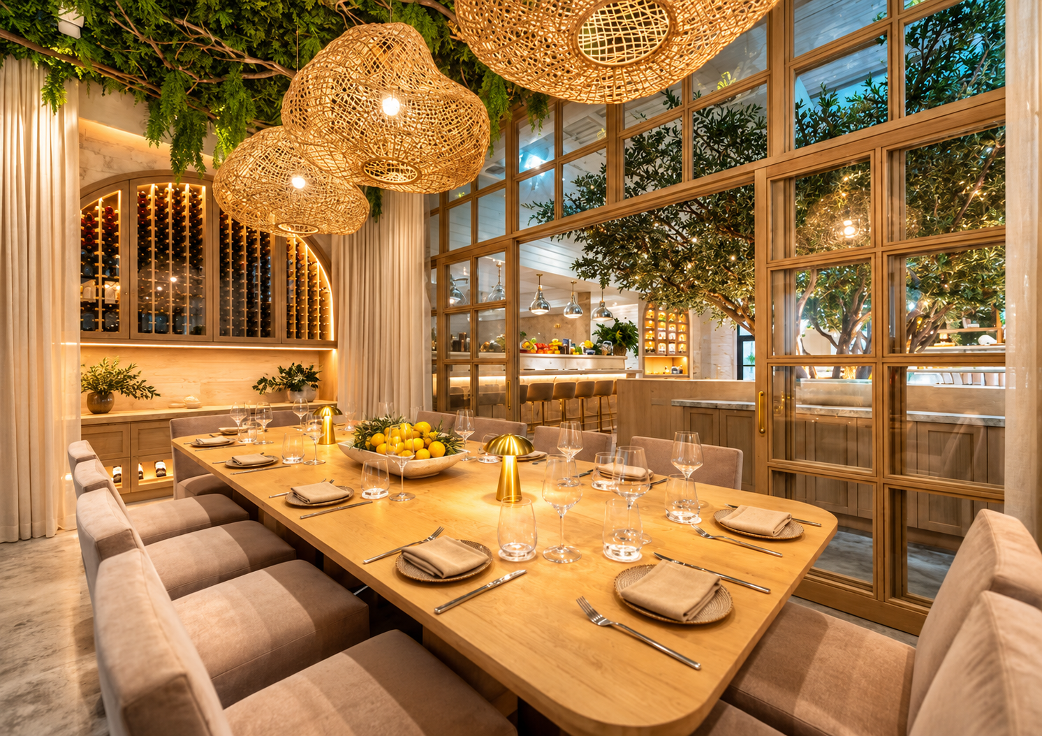 Elegant dining room with a large wooden table set with beige napkins, glassware, and a bowl of lemons. The room features large glass windows, hanging woven light fixtures, and a view of a lush indoor tree, creating a warm, inviting atmosphere.