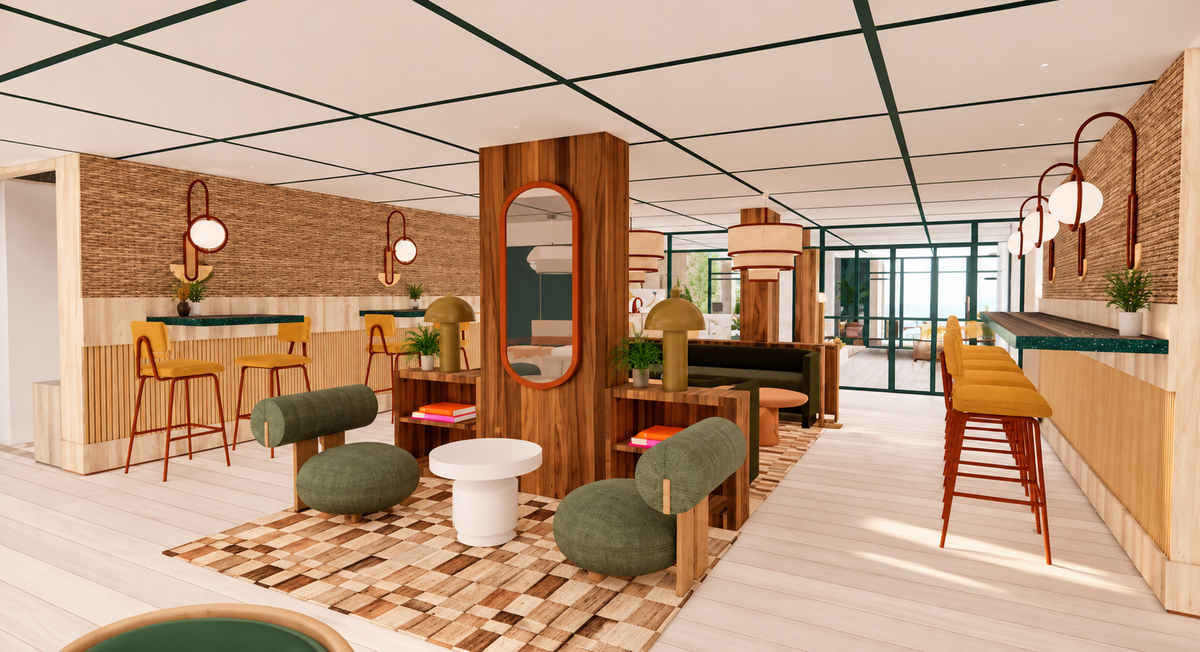 Bright modern café interior with green, yellow, and wood accents, bar stools, cozy seating, decorative lighting, and large windows letting in natural light.