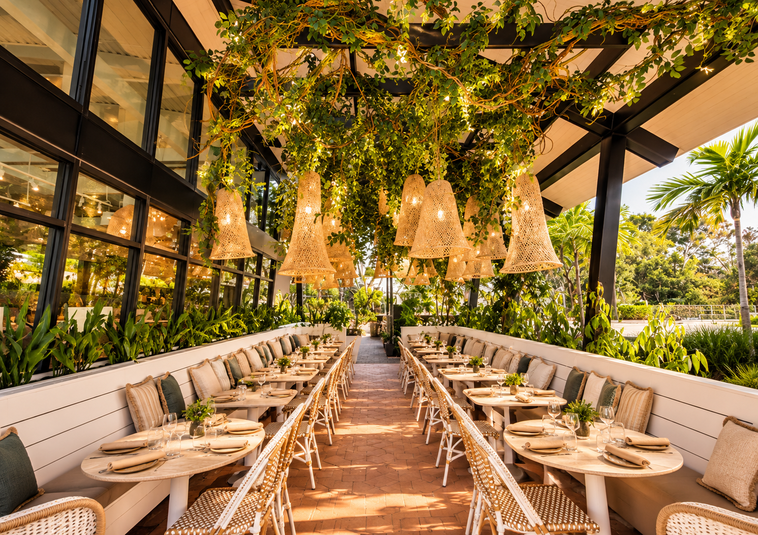 Outdoor restaurant dining area with two long rows of tables set with plates, glasses, and small potted plants, surrounded by greenery and hanging wicker lamps, with glass walls on the side and a tropical landscape in the background.
