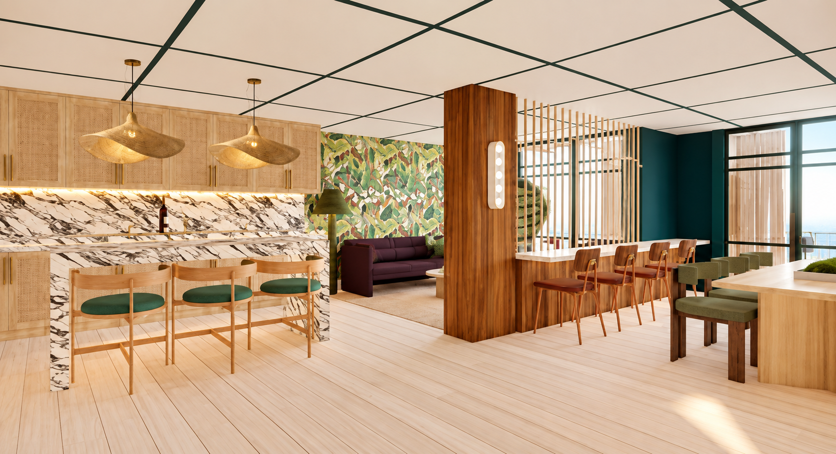 Interior of a modern café with a marble bar, green and wooden chairs, a purple sofa, and a decorative leafy wallpaper wall.