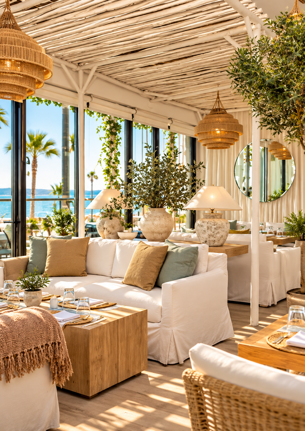 Bright, airy seaside restaurant interior with white sofas, natural wood tables, potted plants, and large windows overlooking a beach with palm trees and ocean in the background.