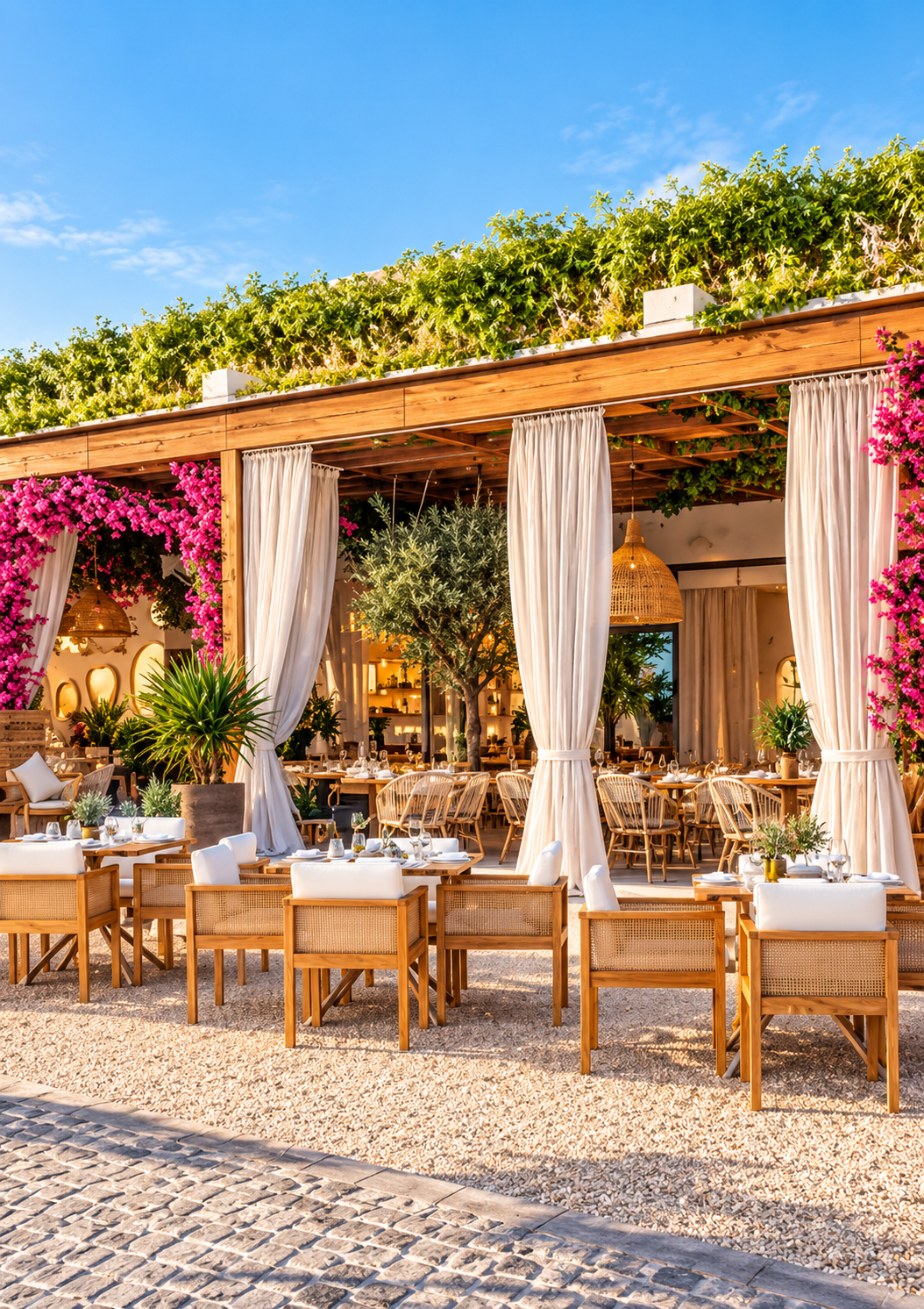 Outdoor restaurant with wooden furniture, white curtains, pink flowers, and green plants, with a thatched roof and a blue sky.