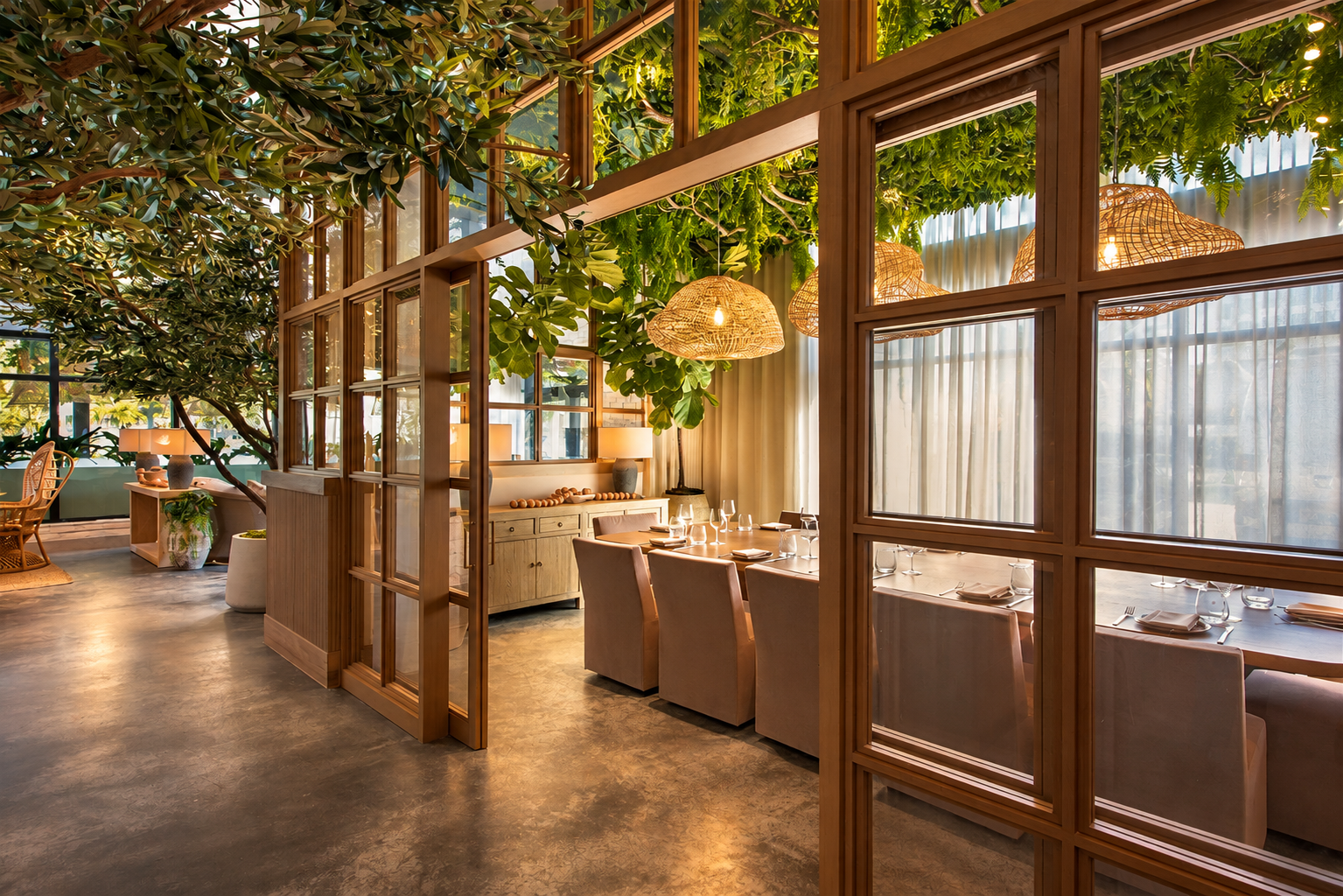 Elegant dining room with wooden dividers, hanging wicker lights, a large greenery ceiling, and set tables with glasses and napkins.