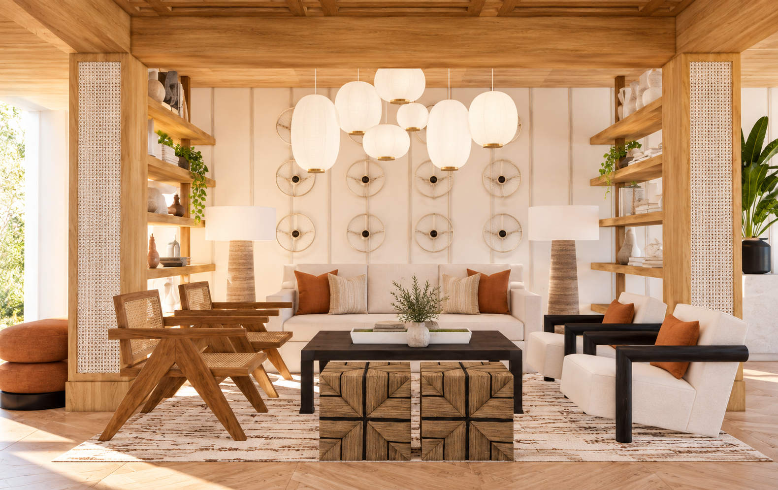 A modern, well-lit living room with wooden accents, featuring a beige sofa with four pillows, two armchairs, a black coffee table, and decorative wall art. Potted plants and books are visible on shelves and side tables.