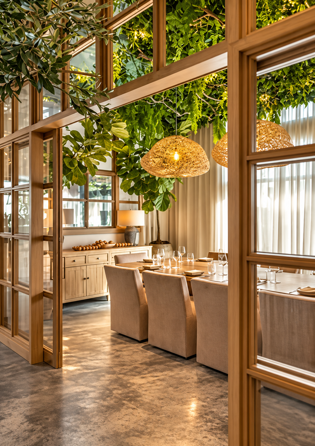 A dining room with a large wooden table set with wine glasses and beige upholstered chairs. The room features a green leafy ceiling and wall decor, warm lighting from woven pendant lamps, a sideboard with a lamp and a decorative item, and sheer curta