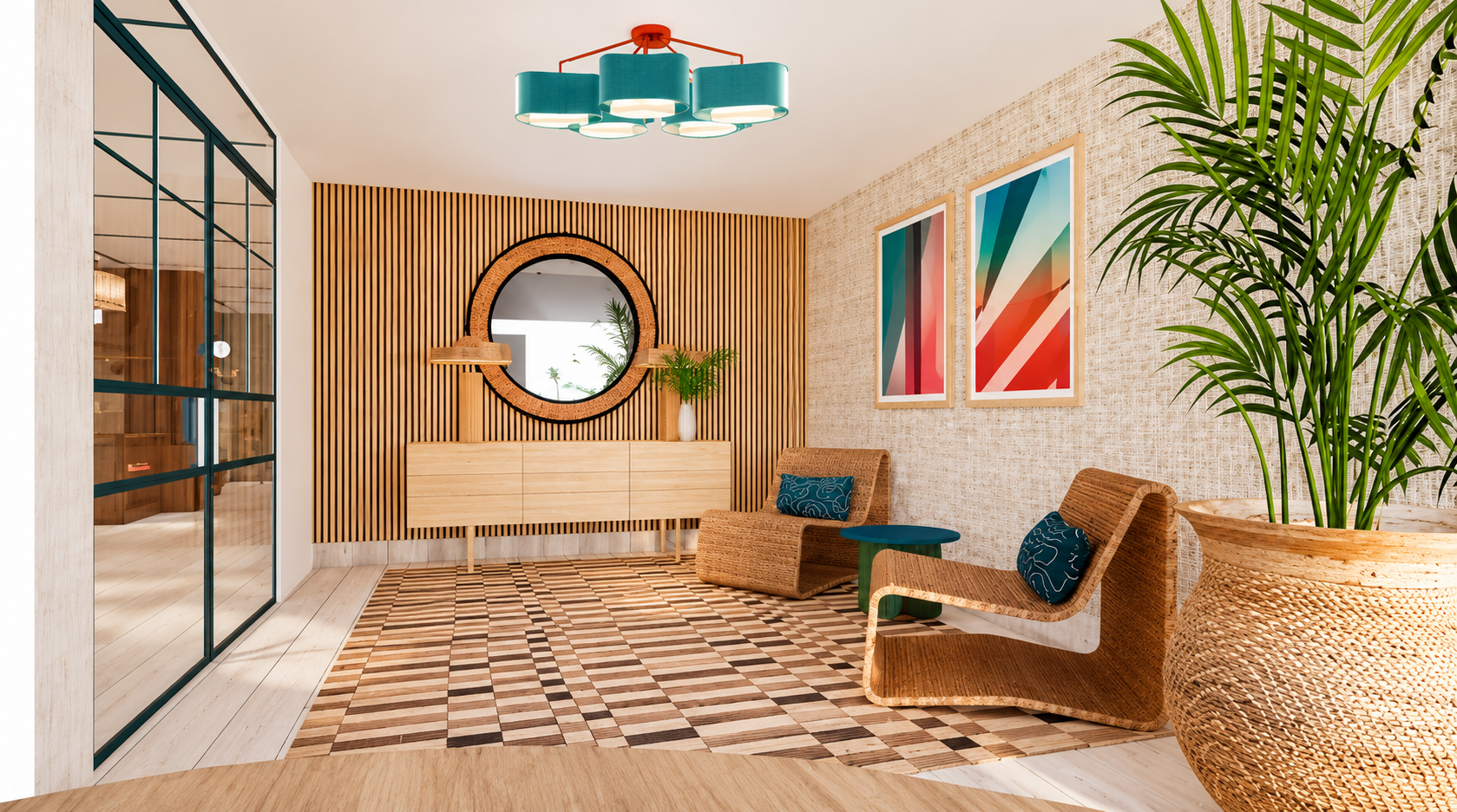 Modern interior living space with wooden furniture, large plant, geometric patterned rug, colorful framed artwork, and a unique ceiling light fixture.