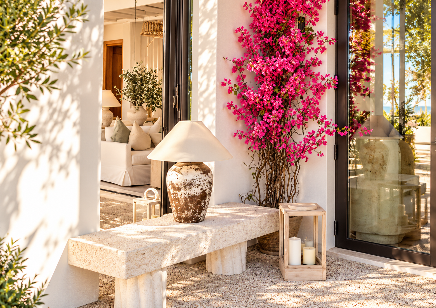 A cozy outdoor patio scene with a stone bench, a large ceramic lamp, and a pink flowering plant beside a glass door leading to a bright living room.