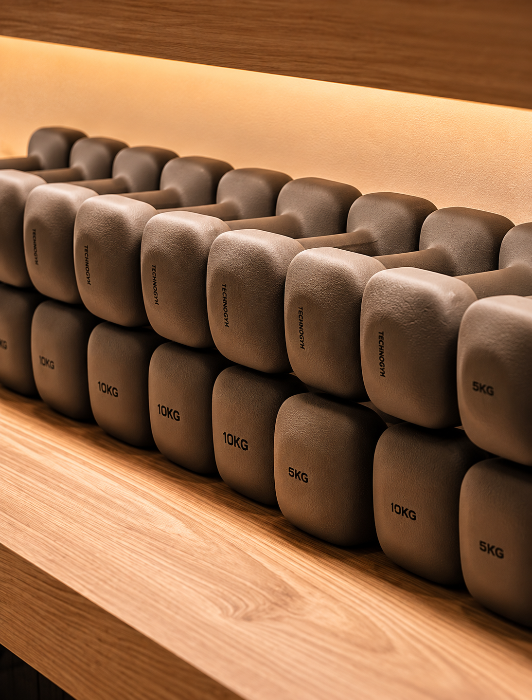 Stacked dumbbells on a wooden shelf, labeled with weights 5kg and 10kg.