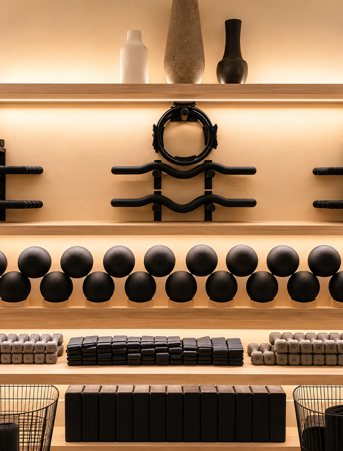 Shelves with black exercise equipment including kettlebells, dumbbells, medicine balls, and resistance bands, displayed in a gym or fitness studio with a warm lighting background.