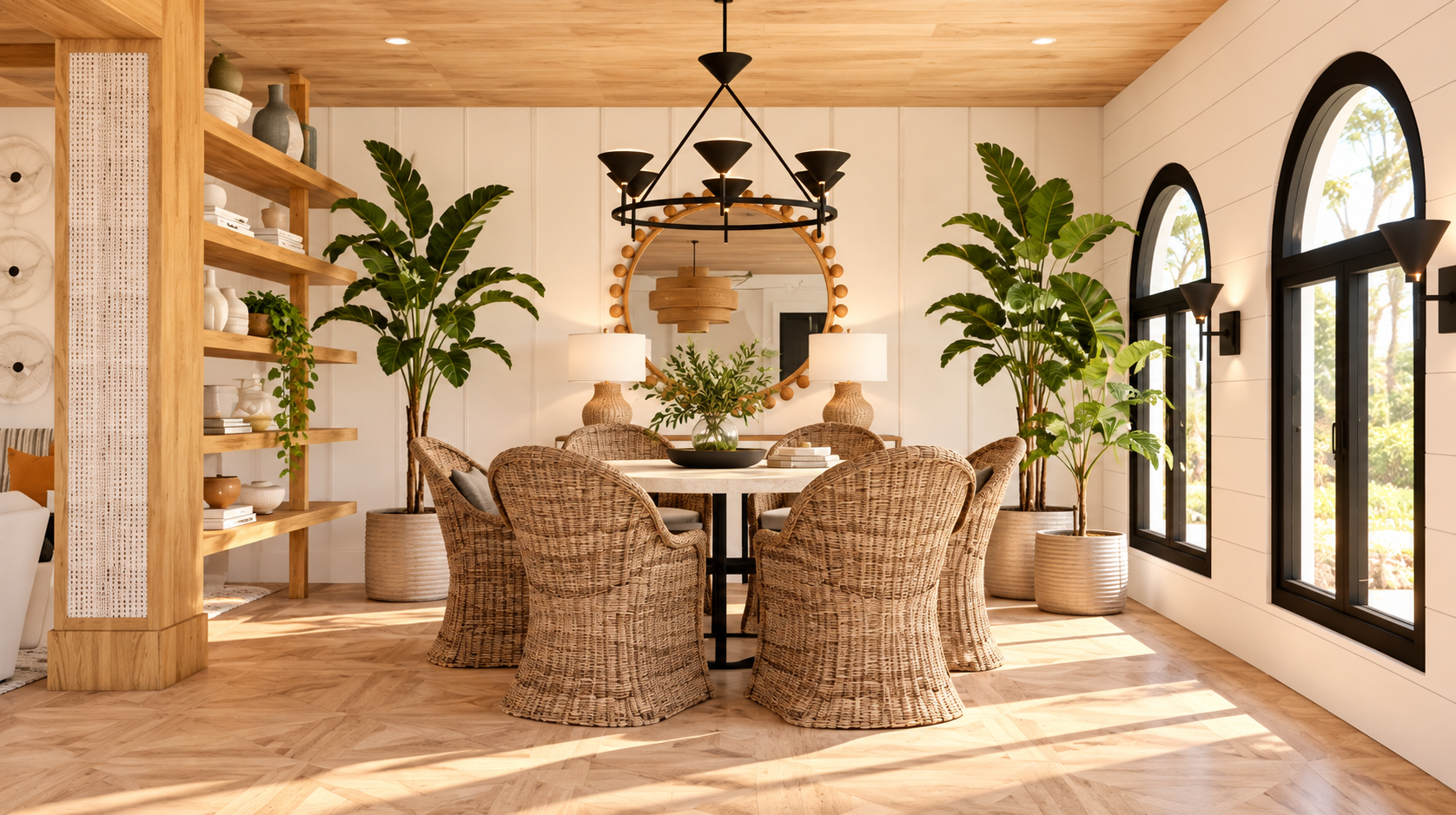 A dining room with a round table surrounded by wicker chairs, large potted plants, a wooden shelf with decorative items, a round mirror, and large arched windows letting in natural light.