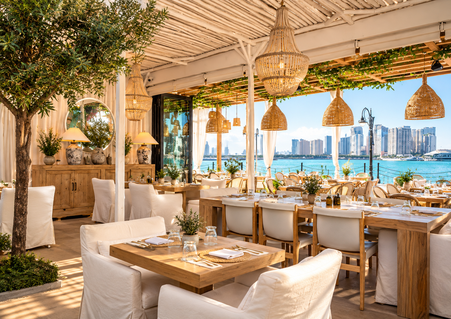 Elegant seaside restaurant with wooden tables and white upholstered chairs, overlooking a waterway with a city skyline in the background. Decor includes wicker pendant lights, lamps, potted plants, and a large mirror, with curtains and greenery outsi